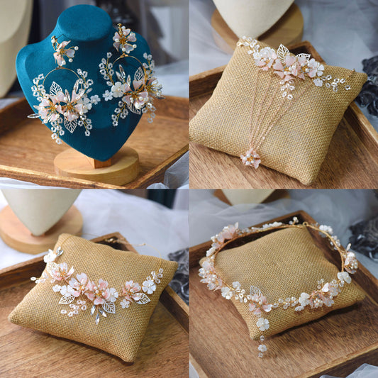 Sophia white and pearl resin floral bridal jewellery set collage showing earrings, head harness, hand harness and necklace
