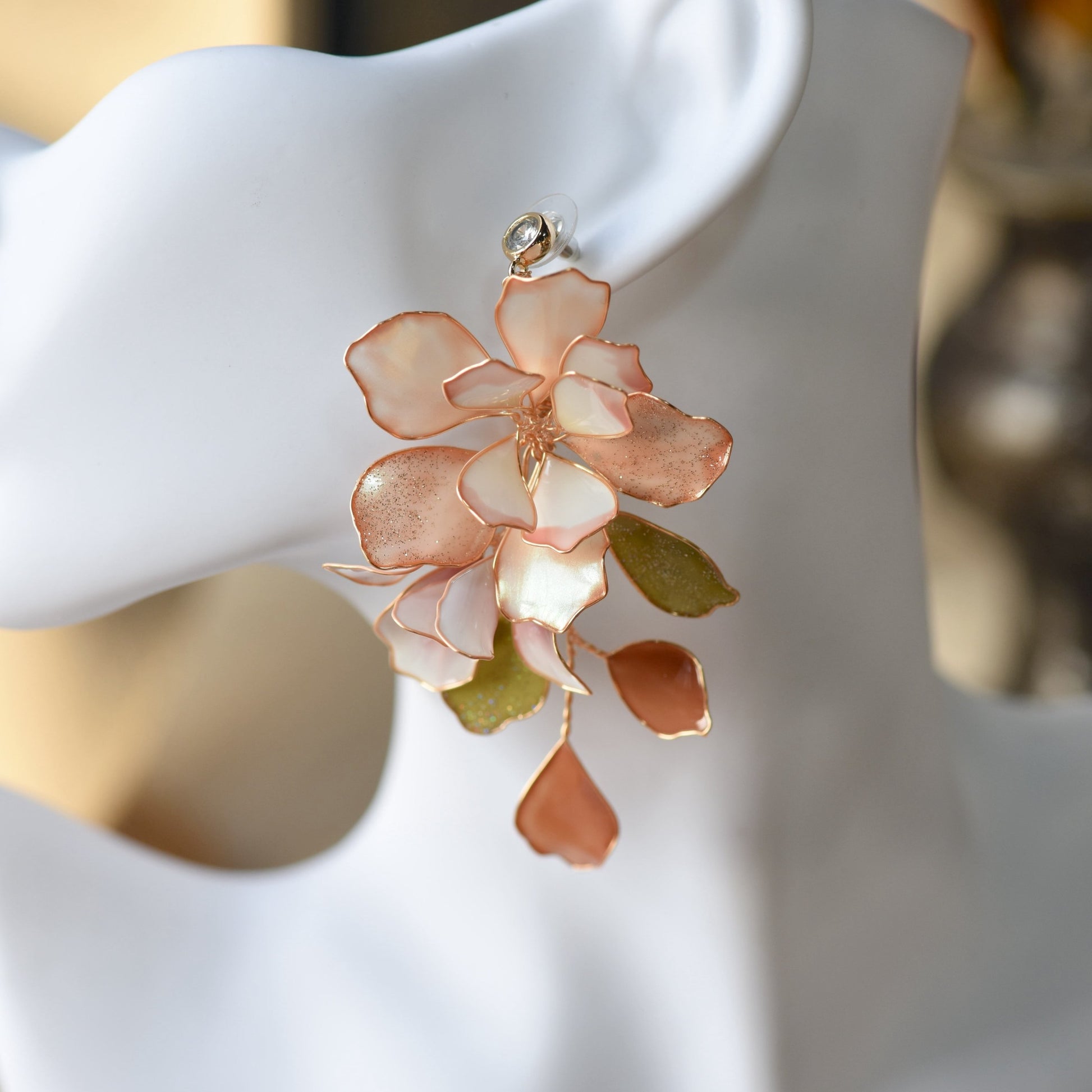 Sylvie handcrafted blush pink ivory resin floral drop earrings sage green mauve crystal teardrop on mannequin bridal

