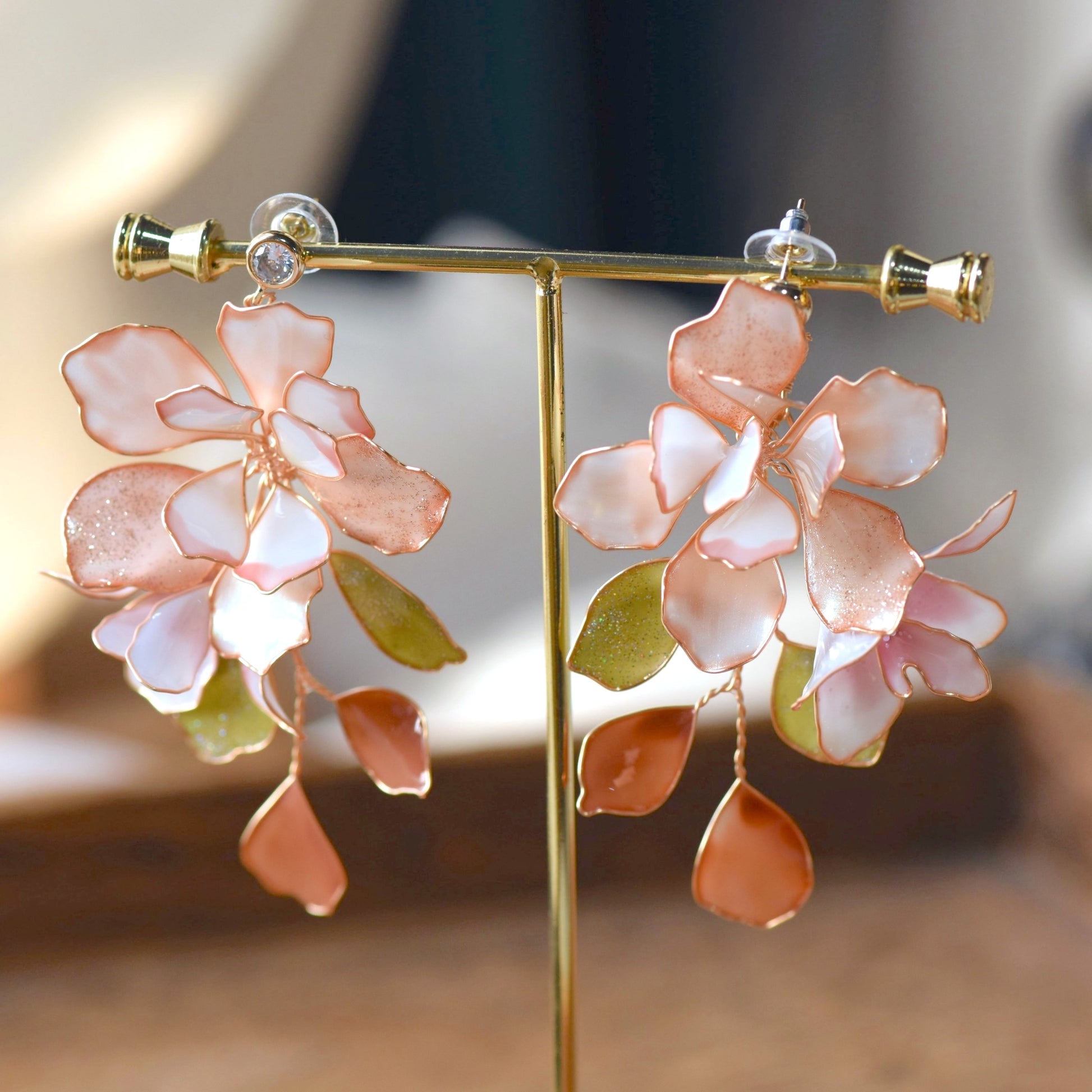 Sylvie handcrafted blush pink resin floral drop earrings sage green olive mauve dusty rose crystal teardrop rose gold stand

