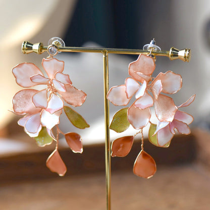 Sylvie handcrafted blush pink resin floral drop earrings sage green olive mauve dusty rose crystal teardrop rose gold stand
