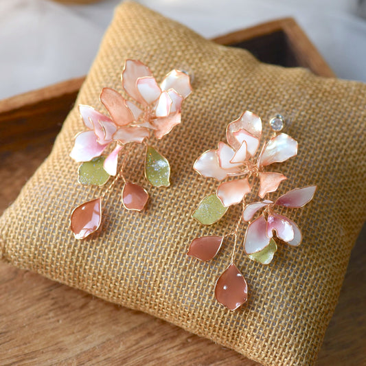 Sylvie handcrafted blush pink ivory resin floral drop earrings sage green olive mauve crystal teardrop flat lay burlap
