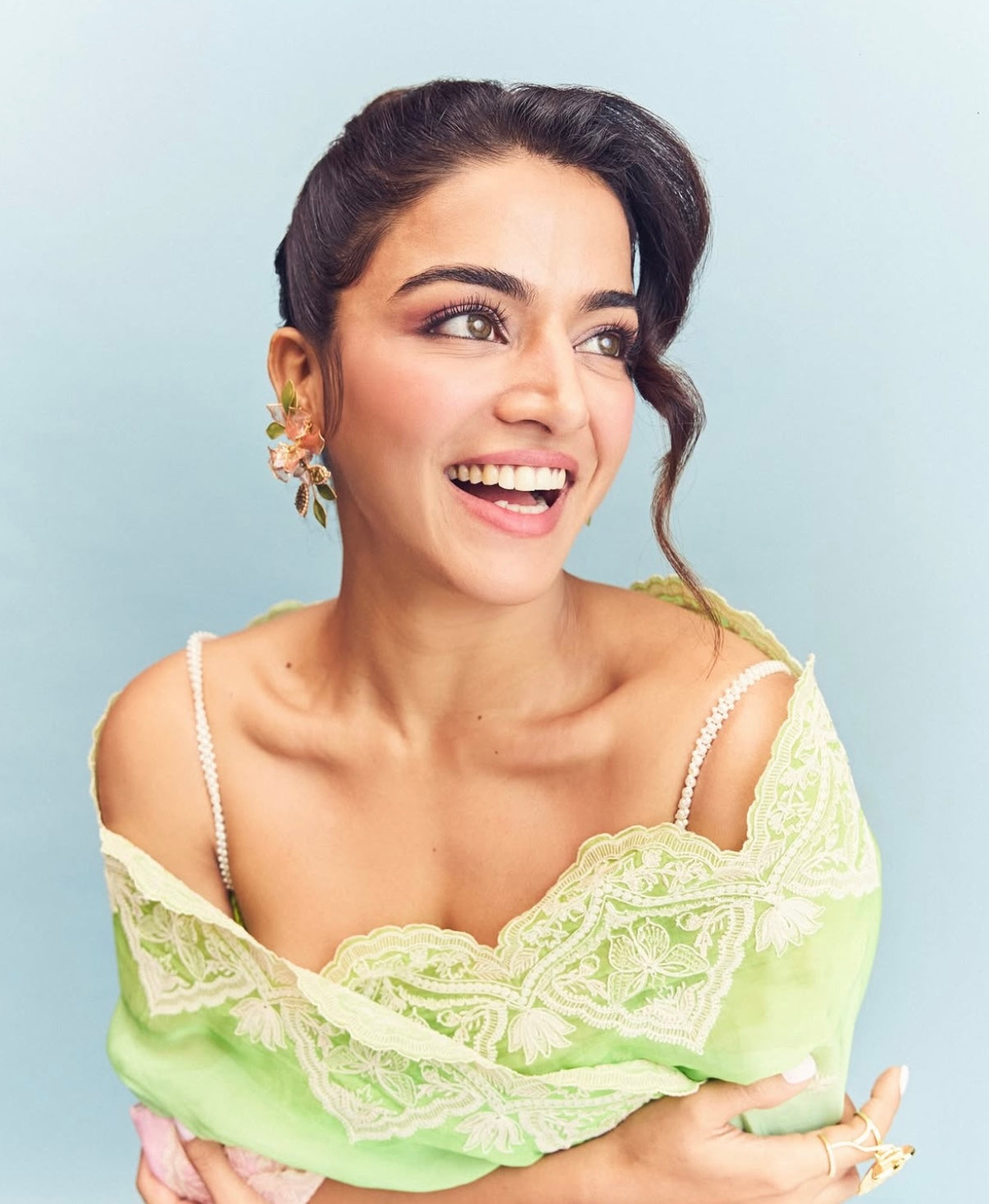 Actress Wamiqa Gabbi wearing Valentina pink resin floral earrings

