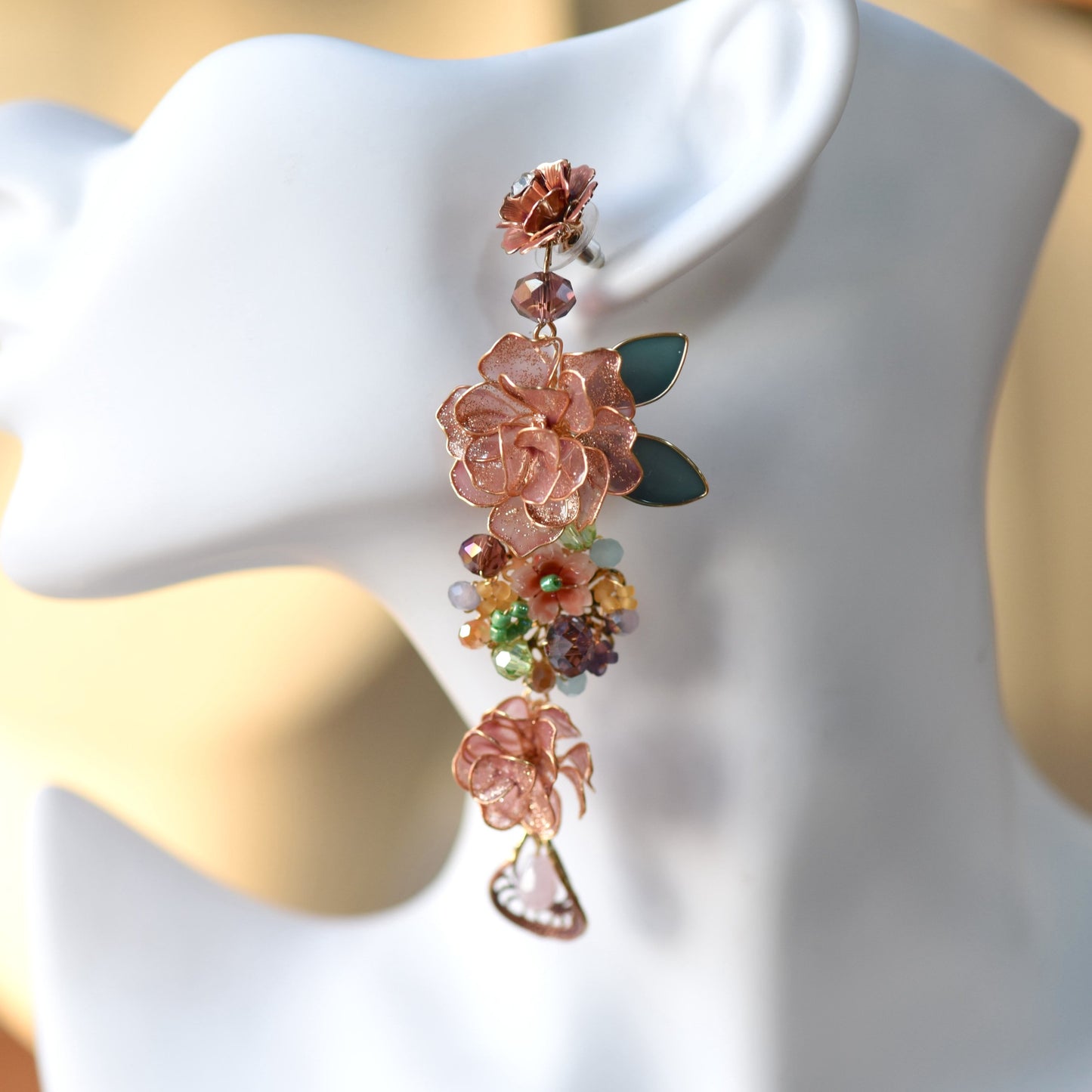 Venetia handcrafted rose gold resin floral drop earrings copper blooms multicolour crystal moonstone teardrop on mannequin
