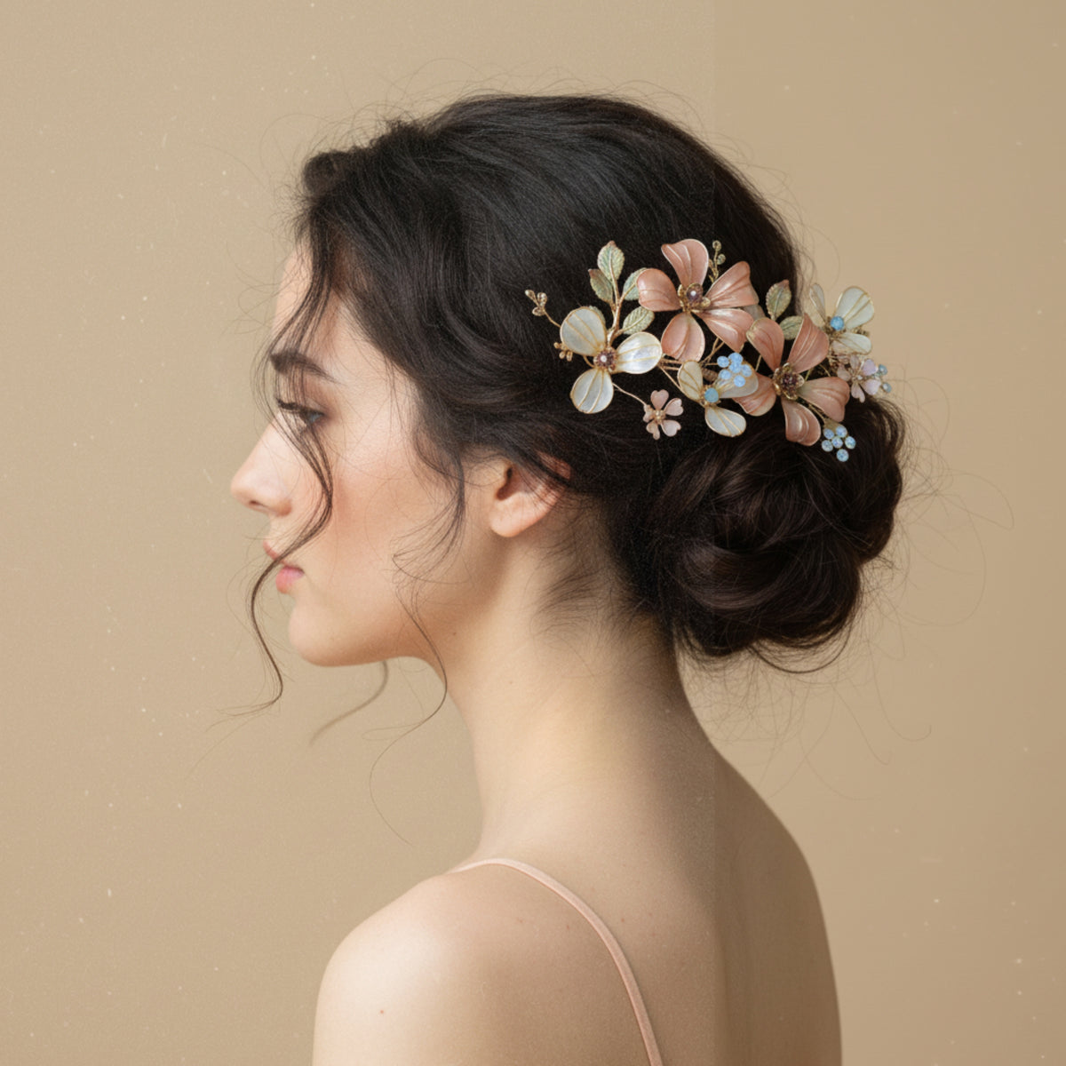Vienna pastel orange ivory and pale blue resin floral hair accessory on a jute cushion