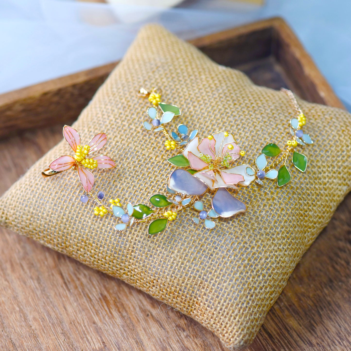 Zahara handcrafted resin floral haath phool blush pink lavender ivory sage green gold on burlap cushion