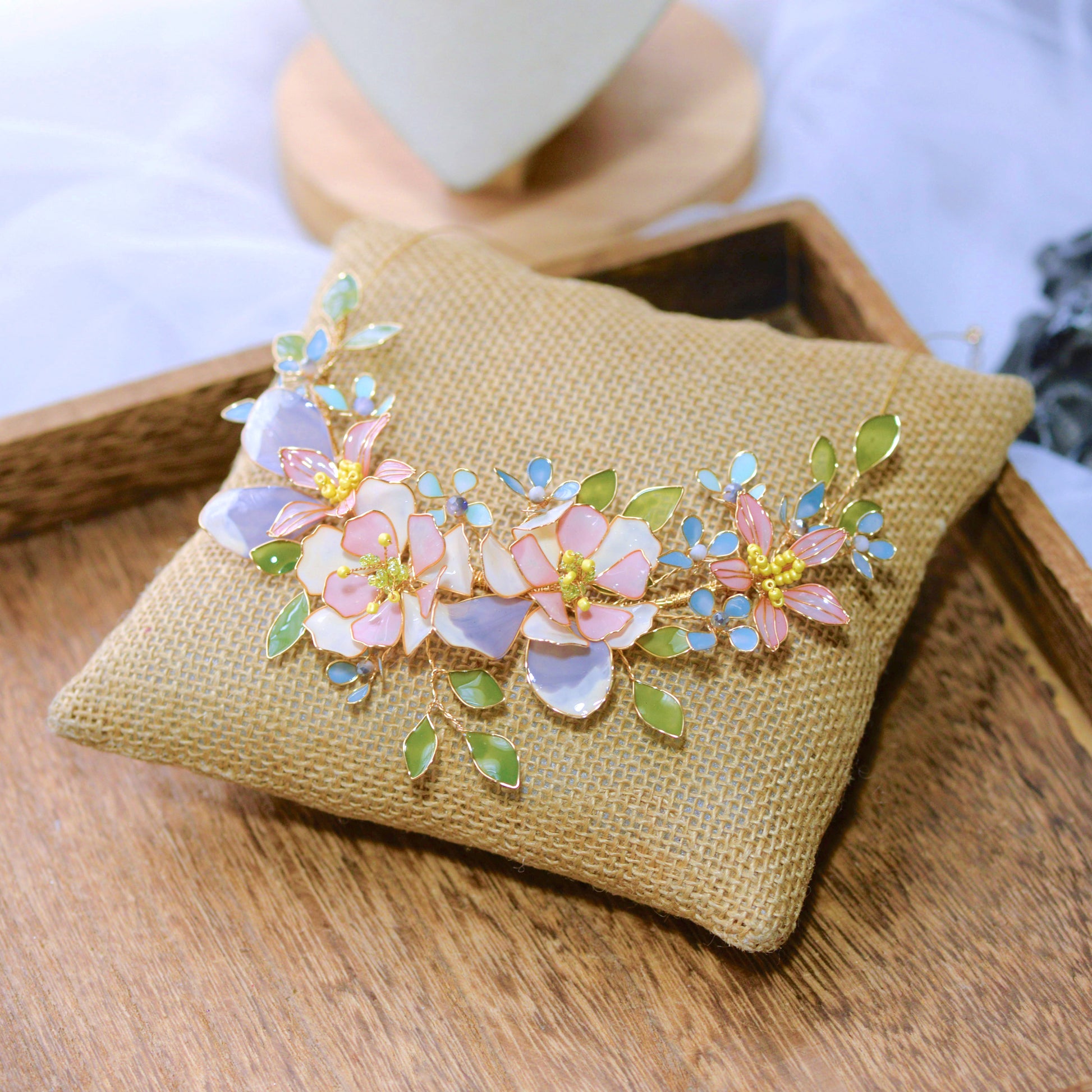 Zahara handcrafted resin floral vine necklace blush pink lavender ivory sage green gold copper wire detail
