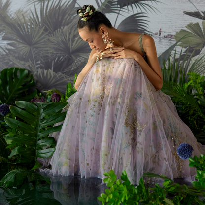 Model wearing the Shaylah pastel resin floral hand harness in The Vintage Snob campaign collaboration with designer Mrunalini Rao
